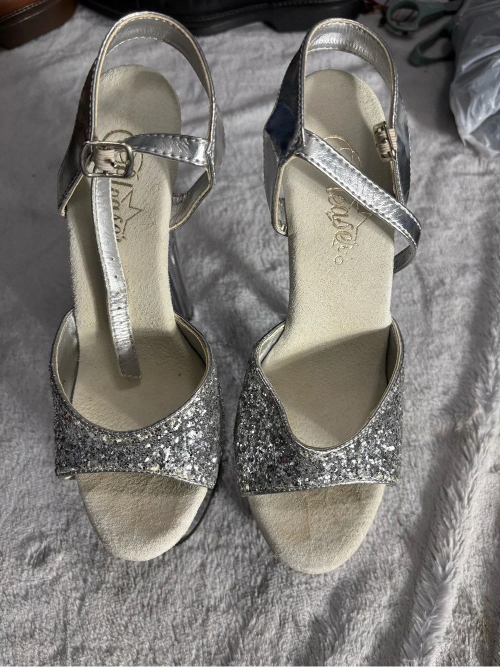 Pleaser Silver Glitter Clear Platform Stiletto Sandals